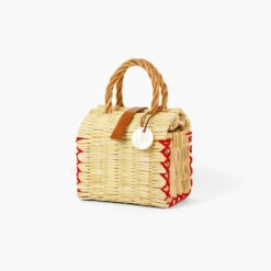 Natural Handwoven Reed Bag With Red Stitching