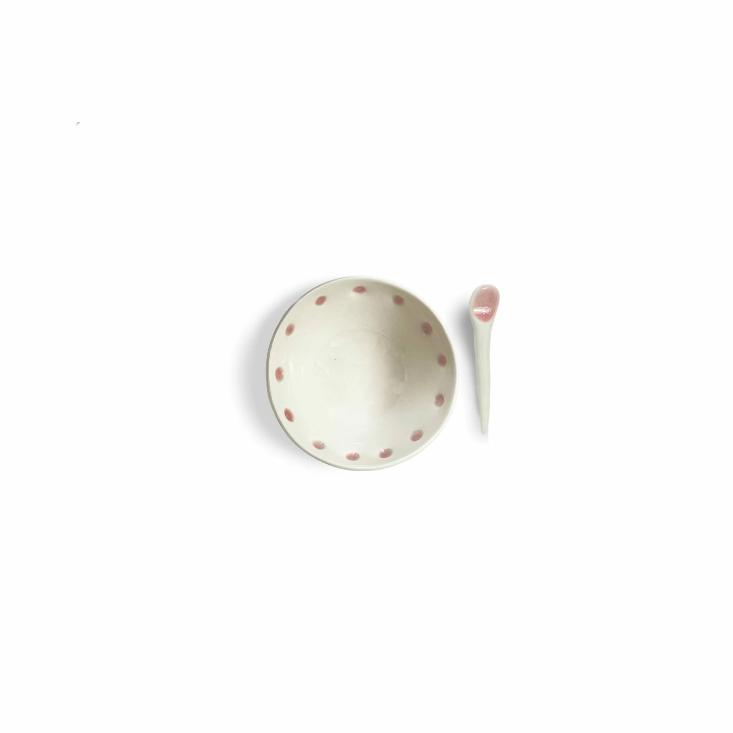 Ceramic Bowl With Pink Dots And Spoon 3 Ceramic Bowl With Pink Dots And Spoon