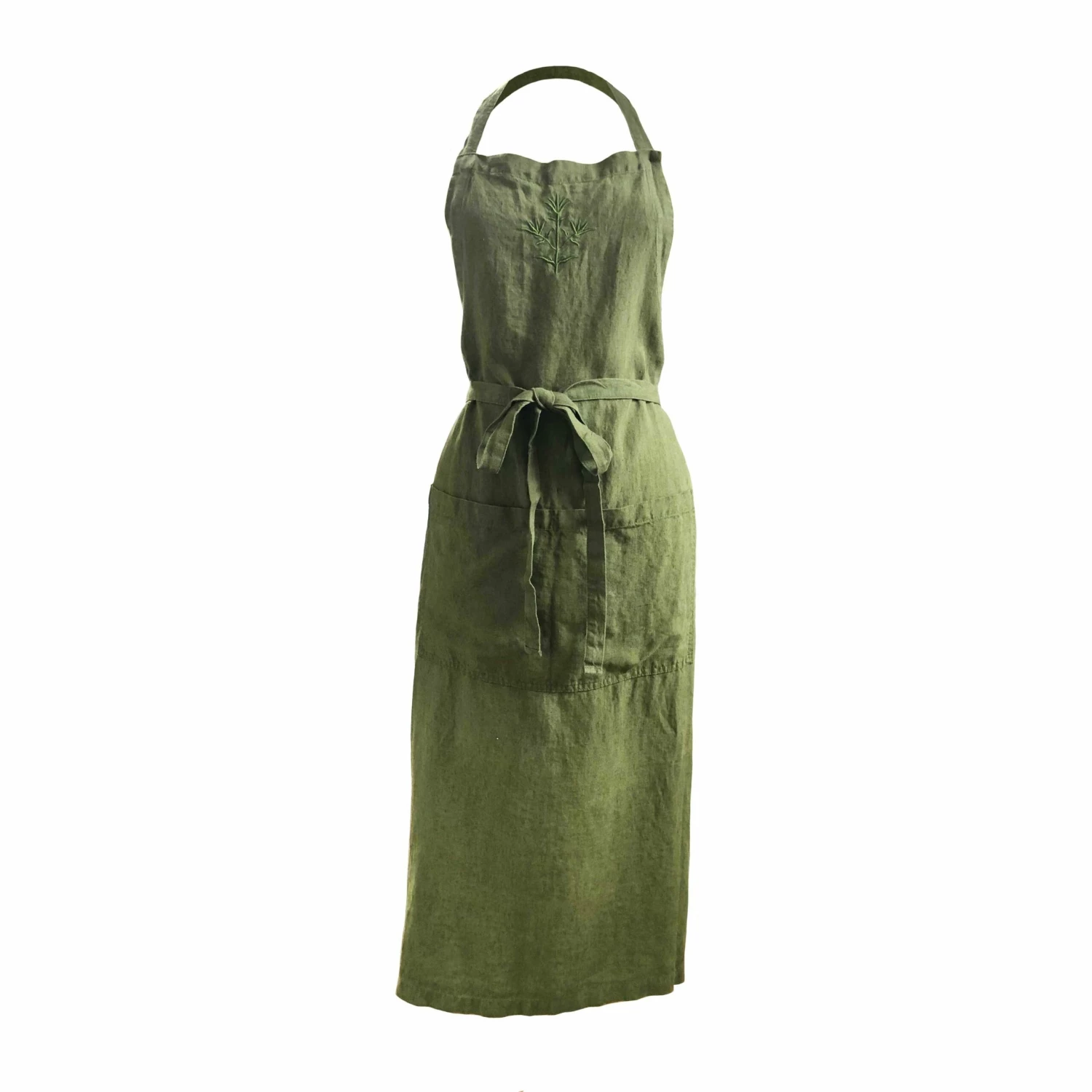 Dark Green Embroidered Linen Apron 3 Dark Green Embroidered Linen Apron